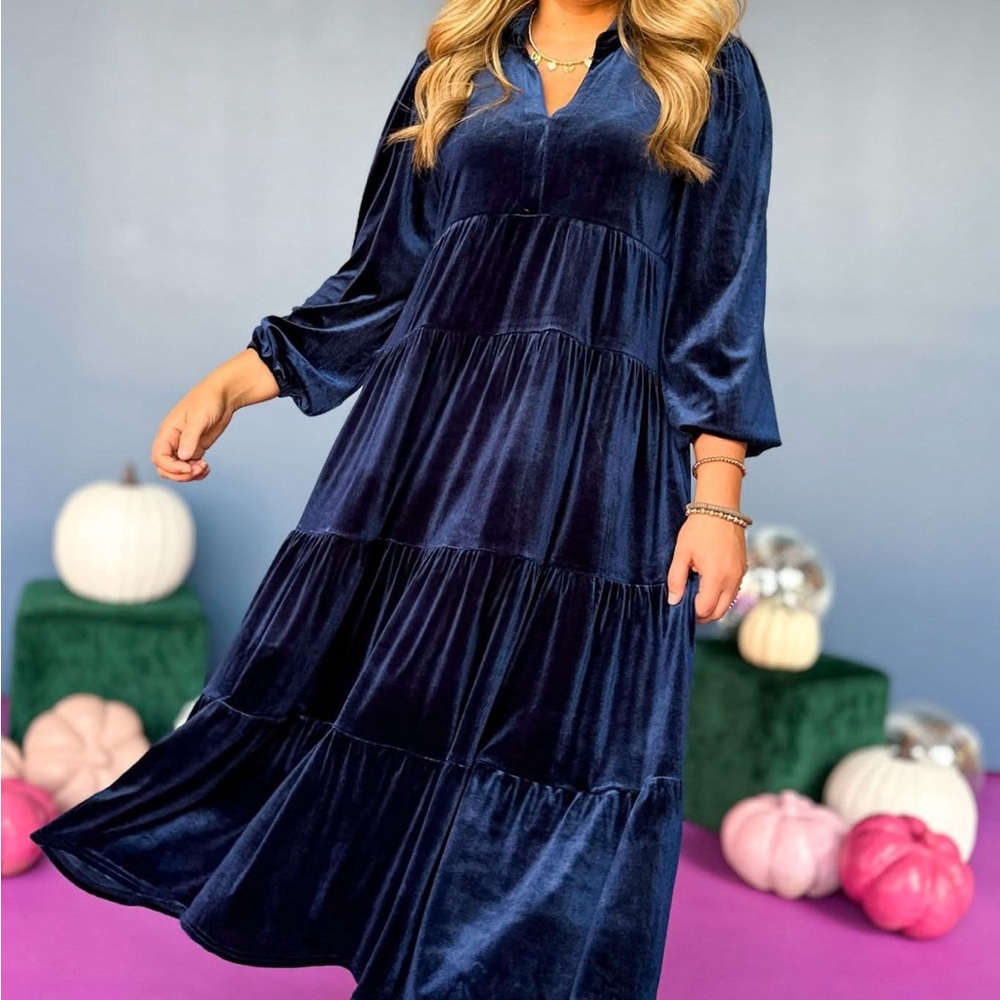 Navy Blue Velvet Tiered Ruffled Maxi Dress with Long Sleeves (SSYS Lillian)